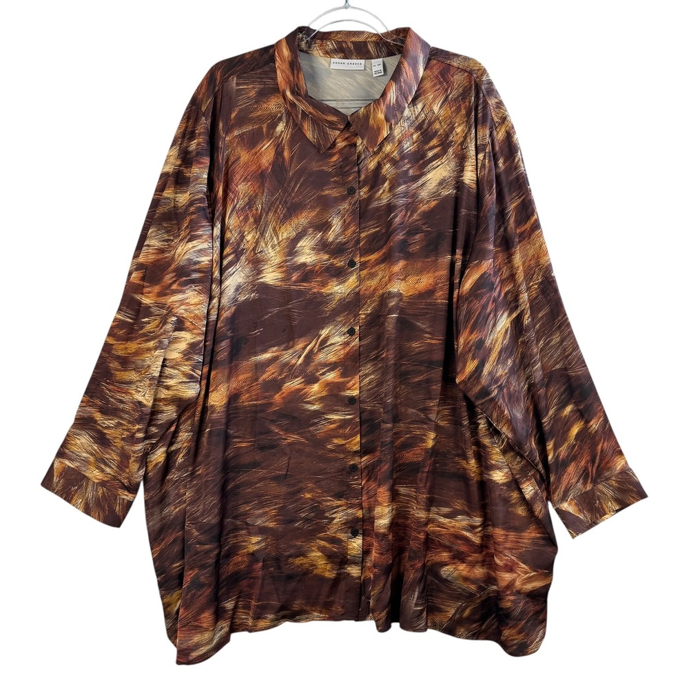 Susan Graver Liquid Knit Brown Abstract‎ Blouse 5XP Oversized Art Print Top Boho